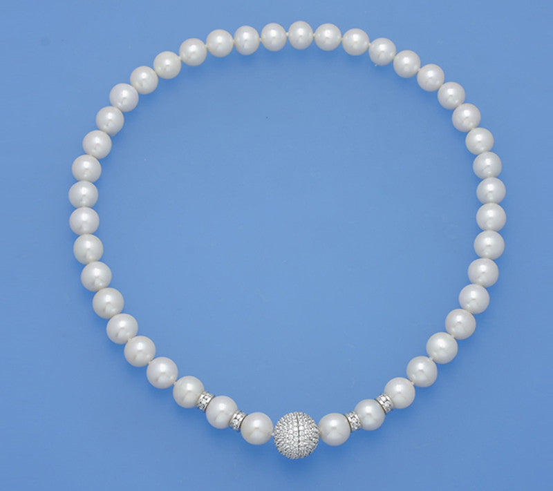 Sterling Silver Necklace with 9.5-10.5mm Round Shape Freshwater Pearl and Cubic Zirconia - Wing Wo Hing Jewelry Group - Pearl Jewelry Manufacturer