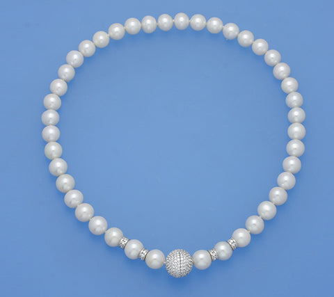Sterling Silver Necklace with 9.5-10.5mm Round Shape Freshwater Pearl and Cubic Zirconia