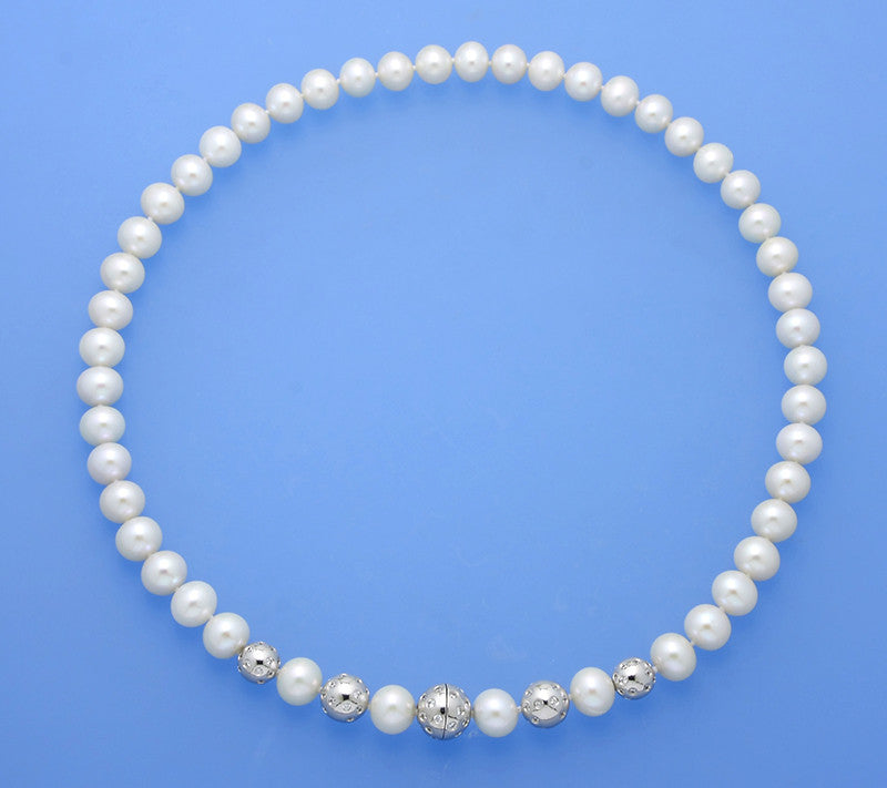Sterling Silver Necklace with 9-9.5mm Round Shape Freshwater Pearl Necklace and Cubic Zirconia - Wing Wo Hing Jewelry Group - Pearl Jewelry Manufacturer