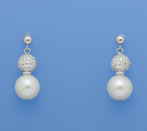 Sterling Silver Earrings with 10.5-11mm Round Shape Freshwater Pearl and Cubic Zirconia