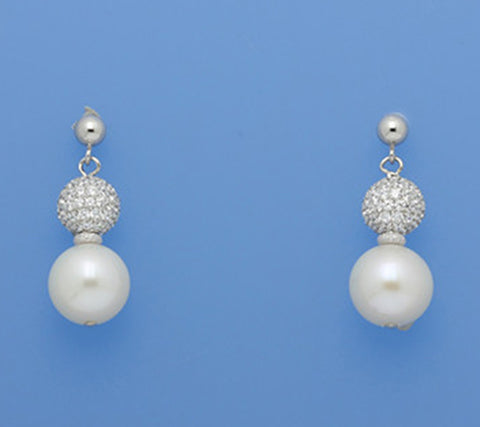 Sterling Silver Earrings with 10.5-11mm Round Shape Freshwater Pearl and Cubic Zirconia