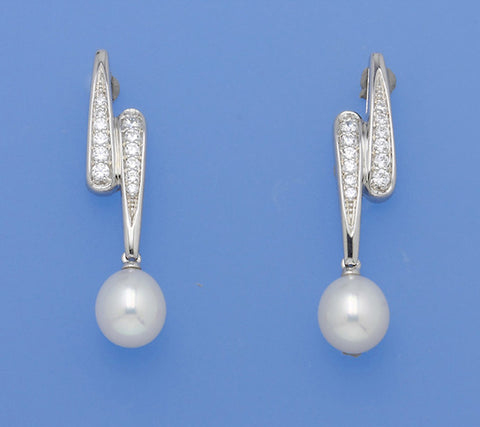 Sterling Silver Earrings with 7-7.5mm Drop Shape Freshwater Pearl and Cubic Zirconia