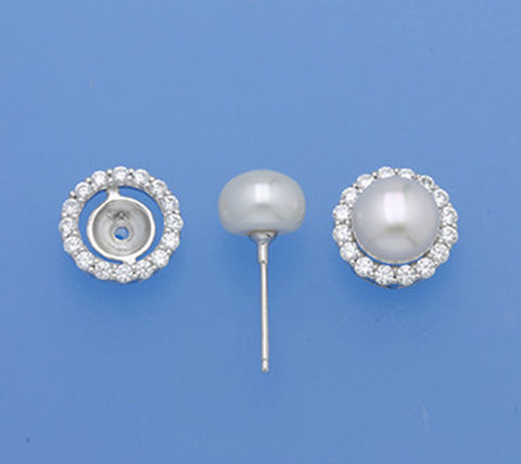 Sterling Silver with 8.5-9mm Button Shape Freshwater Pearl and Cubic Zirconia Earrings