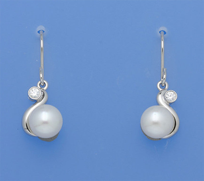 Sterling Silver Earrings with 7.5-8mm Button Shape Freshwater Pearl and Cubic Zirconia - Wing Wo Hing Jewelry Group - Pearl Jewelry Manufacturer