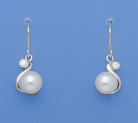 Sterling Silver Earrings with 7.5-8mm Button Shape Freshwater Pearl and Cubic Zirconia