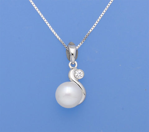 Sterling Silver Pendant with 7.5-8mm Button Shape Freshwater Pearl and Cubic Zirconia