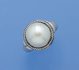 White and Black Plated Silver Ring with 12.5-13mm Button Shape Freshwater Pearl - Wing Wo Hing Jewelry Group - Pearl Jewelry Manufacturer