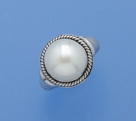 White and Black Plated Silver Ring with 12.5-13mm Button Shape Freshwater Pearl