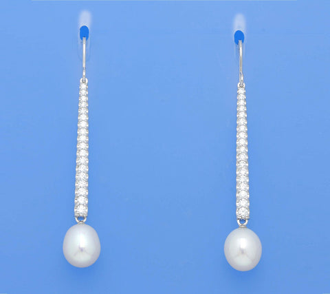 Sterling Silver Earrings with 8.5-9mm Drop Shape Freshwater Pearl and Cubic Zirconia