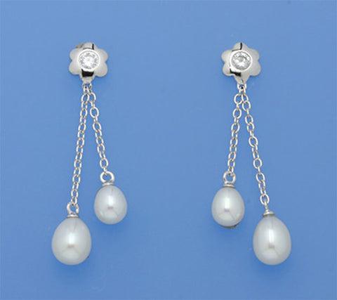 Sterling Silver Earrings with 6-7mm Drop Shape Freshwater Pearl and Cubic Zirconia