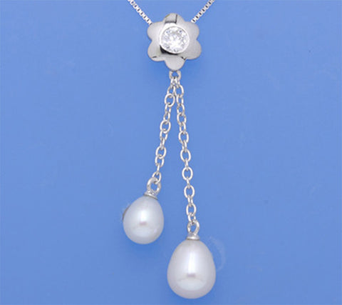 Sterling Silver Pendant with 6-8mm Drop Shape Freshwater Pearl and Cubic Zirconia