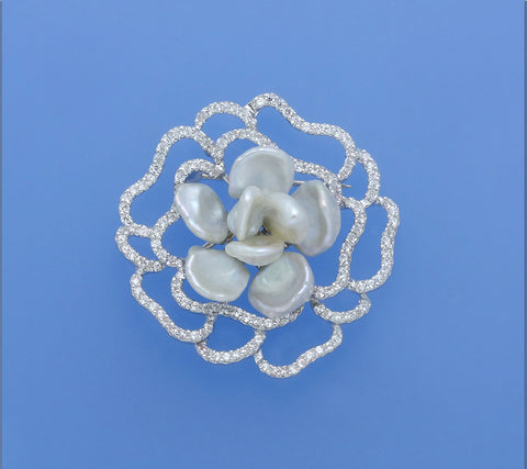 Sterling Silver Brooch with Keshi Freshwater Pearl and Cubic Zirconia