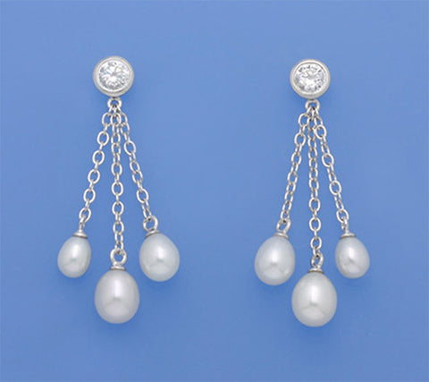 Sterling Silver Earrings with Drop Shape Freshwater Pearl and Cubic Zirconia