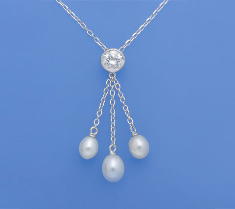 Sterling Silver Pendant with Drop Shape Freshwater Pearl and Cubic Zirconia