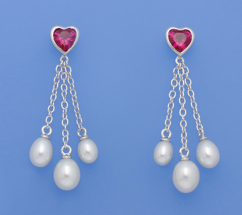 Sterling Silver Earrings with Drop Shape Freshwater Pearl and Red Corundum - Wing Wo Hing Jewelry Group - Pearl Jewelry Manufacturer