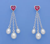 Sterling Silver Earrings with Drop Shape Freshwater Pearl and Red Corundum - Wing Wo Hing Jewelry Group - Pearl Jewelry Manufacturer