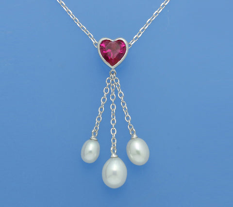 Sterling Silver Pendant with Drop Shape Freshwater Pearl and Red Corundum