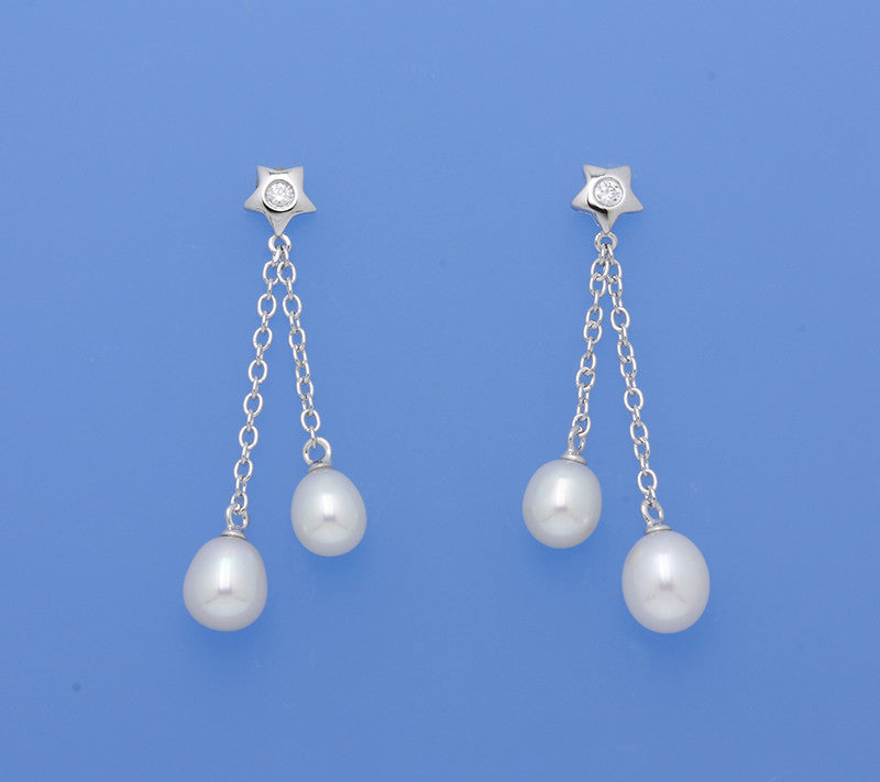 Sterling Silver Earrings with Drop Shape Freshwater Pearl and Cubic Zirconia - Wing Wo Hing Jewelry Group - Pearl Jewelry Manufacturer