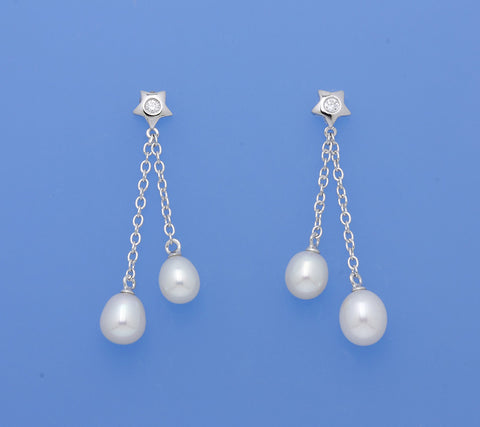 Sterling Silver Earrings with Drop Shape Freshwater Pearl and Cubic Zirconia