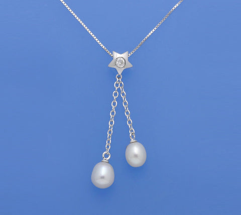 Sterling Silver Pendant with Drop Shape Freshwater Pearl and Cubic Zirconia