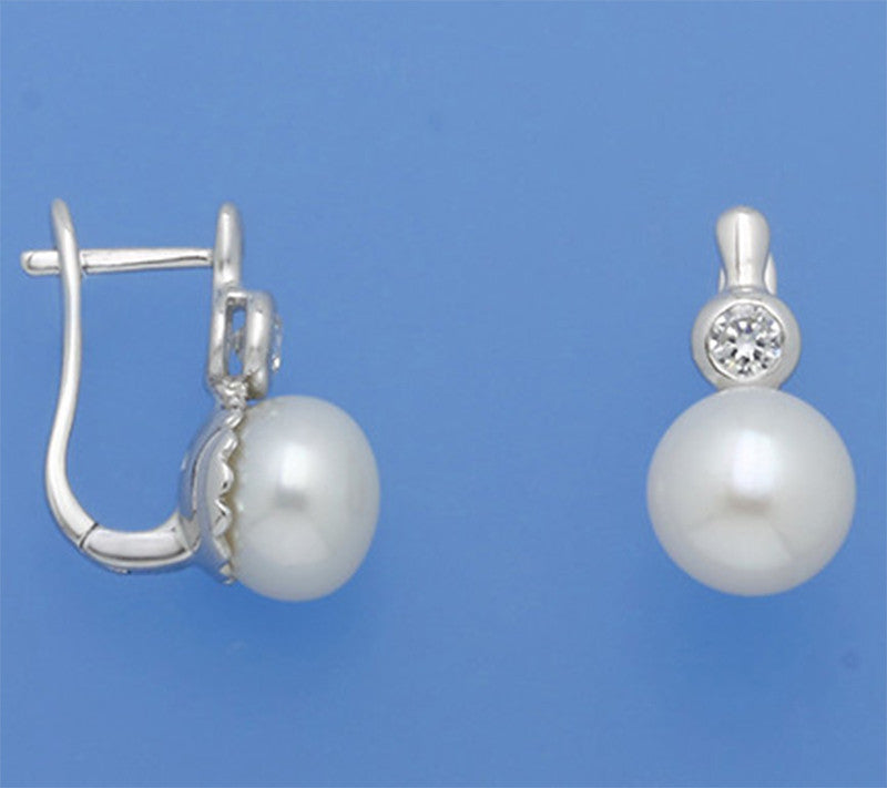 Sterling Silver Earrings with 8.5-9mm Button Shape Freshwater Pearl and Cubic Zirconia - Wing Wo Hing Jewelry Group - Pearl Jewelry Manufacturer