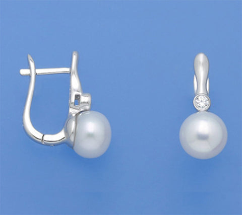 Sterling Silver Earrings with 7.5-8mm Button Shape Freshwater Pearl and Cubic Zirconia