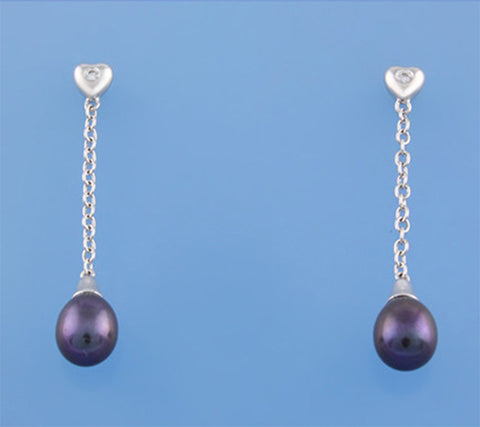 Sterling Silver Earrings with 7-7.5mm Drop Shape Freshwater Pearl and Cubic Zirconia