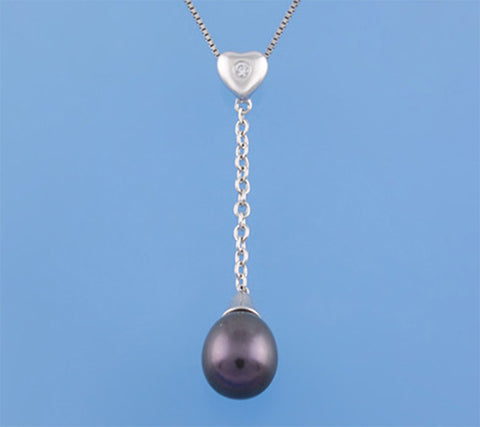 Sterling Silver Pendant with 8-8.5mm Drop Shape Freshwater Pearl and Cubic Zirconia