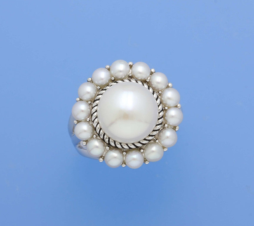 White and Black Plated Silver Ring with 3-11.5mm Button Shape Freshwater Pearl - Wing Wo Hing Jewelry Group - Pearl Jewelry Manufacturer