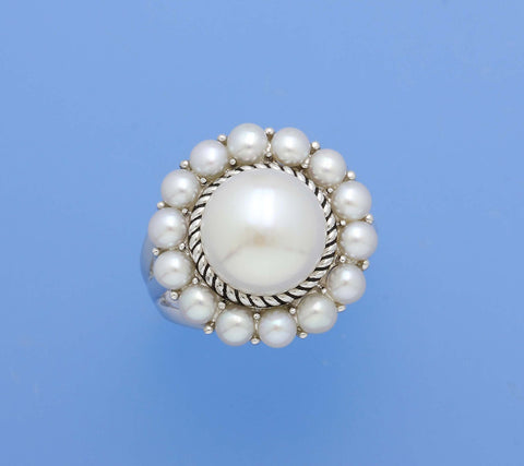 White and Black Plated Silver Ring with 3-11.5mm Button Shape Freshwater Pearl