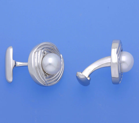 Sterling Silver Cufflink with 8.5-9mm Button Shape Freshwater Pearl and Cubic Zirconia