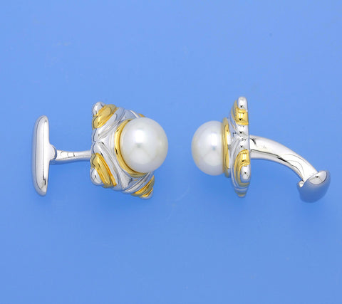 Two Tone Plated Silver Cufflink with 10-10.5mm Button Shape Freshwater Pearl