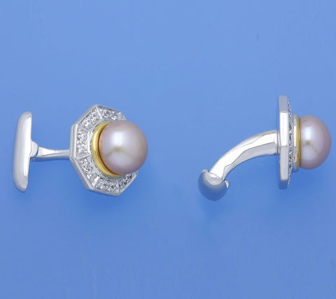 Two Tone Plated Silver Cufflink with 10-10.5mm Button Shape Freshwater Pearl and Cubic Zirconia