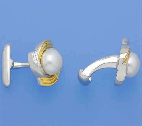 Sterling Silver Cufflink with 8.5-9mm Button Shape Freshwater Pearl and Two Tone Plated