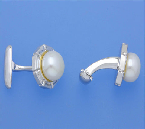 Two Tone Plated Silver Cufflink with 10-10.5mm Button Shape Freshwater Pearl