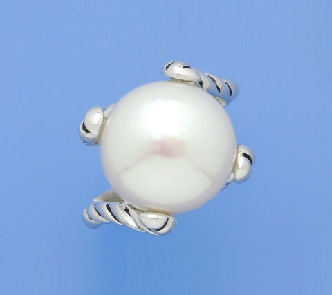 White and Black Plated Silver Ring with 13.5-14mm Button Shape Freshwater Pearl