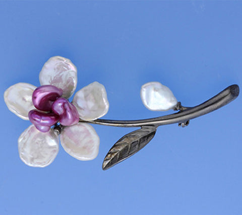 Black Plated Silver Brooch with Keshi Shape Freshwater Pearl