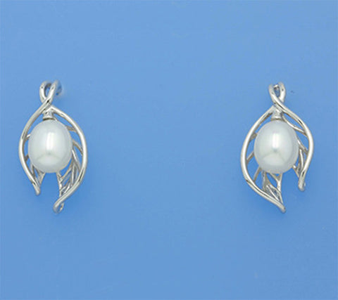 Sterling Silver Earrings with 7-7.5mm Drop Shape Freshwater Pearl