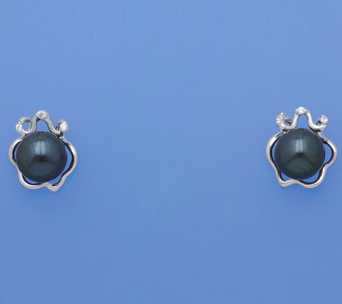 Sterling Silver Earrings with 7-7.5mm Button Shape Freshwater Pearl and Cubic Zirconia