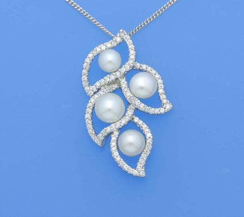 Sterling Silver Pendant with Button Shape Freshwater Pearl and Cubic Zirconia