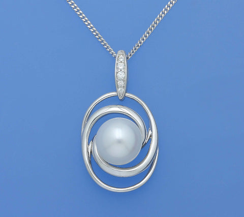 Sterling Silver Pendant with 8-8.5mm Round Shape Freshwater Pearl and Cubic Zirconia