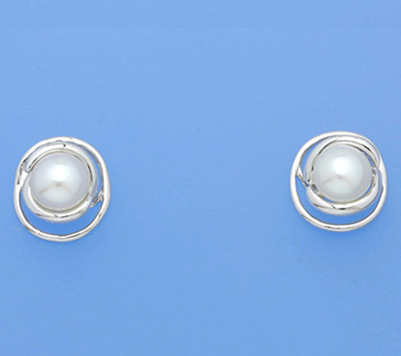 Sterling Silver Earrings with 7-7.5mm Button Shape Freshwater Pearl - Wing Wo Hing Jewelry Group - Pearl Jewelry Manufacturer