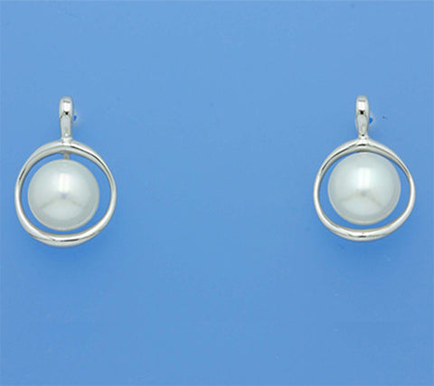 Sterling Silver Earrings with 9-9.5mm Button Shape Freshwater Pearl