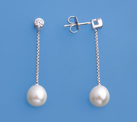 Sterling Silver Earrings with 8-8.5mm Drop Shape Freshwater Pearl and Cubic Zirconia