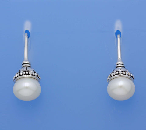White and Black Plated Silver Earrings with 11-11.5mm Button Shape Freshwater Pearl