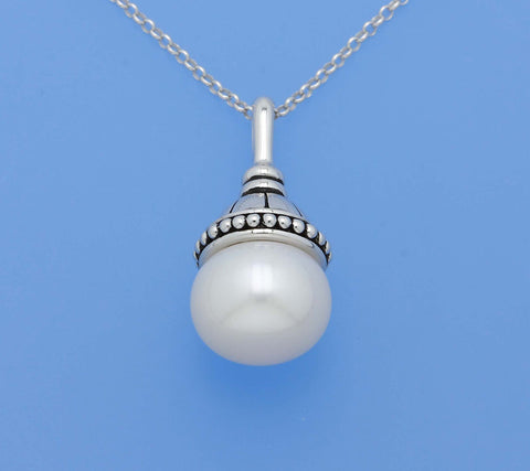 White and Black Plated Silver Pendant with 11.5-12mm Button Shape Freshwater Pearl