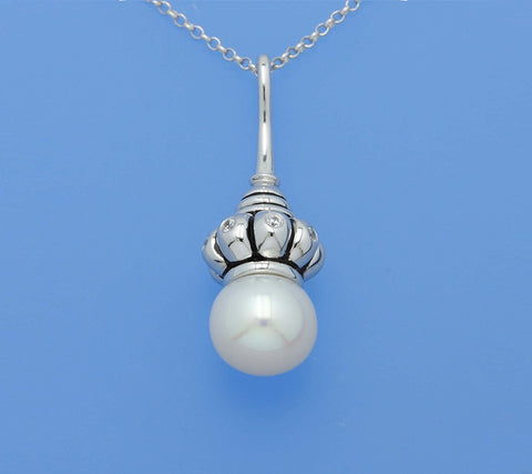 White and Black Plated Silver Pendant with 10-10.5mm Drop Shape Freshwater Pearl and Cubic Zirconia