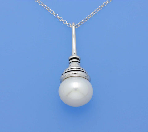 White and Black Plated Silver Pendant with 11-11.5mm Button Shape Freshwater Pearl