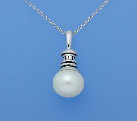 White and Black Plated Silver Pendant with 11-11.5mm Button Shape Freshwater Pearl