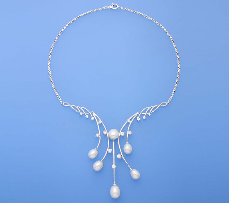 Sterling Silver Necklace with Oval and Button Shape Freshwater Pearl and Cubic Zirconia - Wing Wo Hing Jewelry Group - Pearl Jewelry Manufacturer
